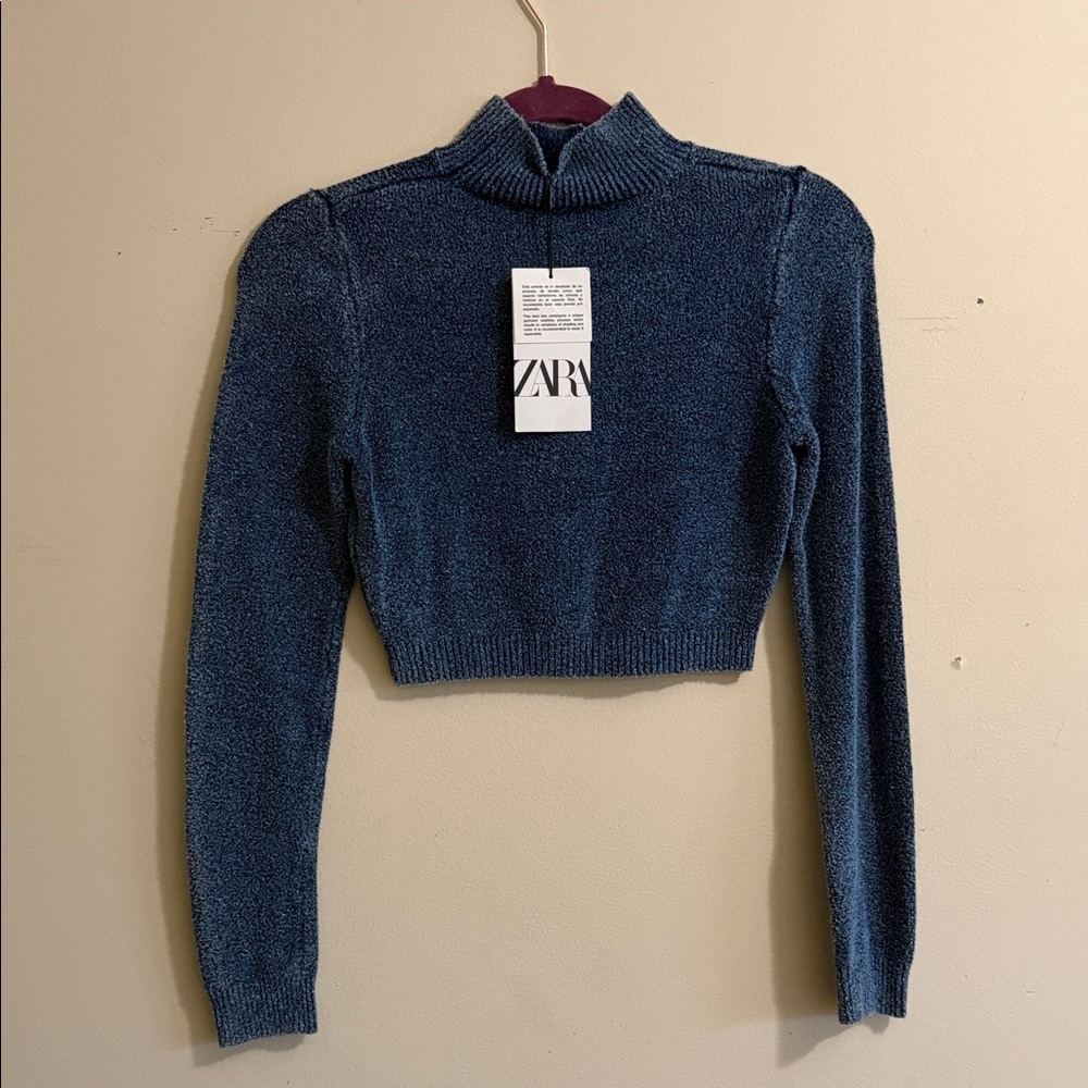 ZARA Teal Cropped Mock-Neck Sweater